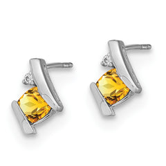 14K White Gold Cushion Citrine and Diamond Earrings