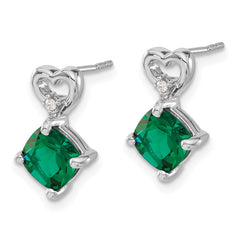 14k White Gold Created Emerald and Diamond Heart Earrings