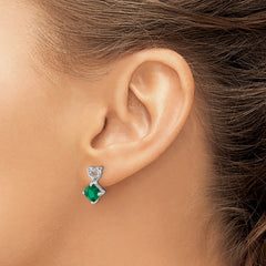 14k White Gold Created Emerald and Diamond Heart Earrings