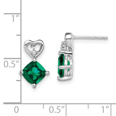 14k White Gold Created Emerald and Diamond Heart Earrings