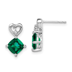 14k White Gold Created Emerald and Diamond Heart Earrings