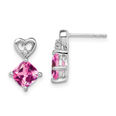 14k White Gold Created Pink Sapphire and Diamond Heart Earrings - 4