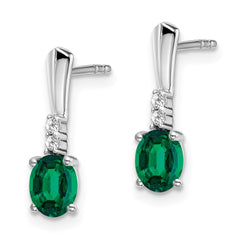 14k White Gold Oval Created Emerald and Diamond Dangle Earrings