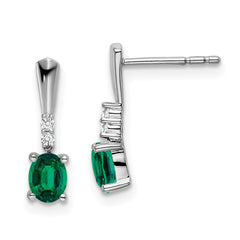 14k White Gold Oval Created Emerald and Diamond Dangle Earrings
