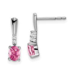 14k White Gold Oval Pink Tourmaline and Diamond Dangle Earrings