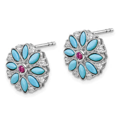 14k White Gold Turquoise/Creat. Ruby/Wht. Topaz Floral Earrings