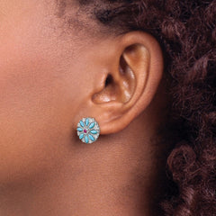 14k White Gold Turquoise/Creat. Ruby/Wht. Topaz Floral Earrings