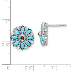 14k White Gold Turquoise/Creat. Ruby/Wht. Topaz Floral Earrings