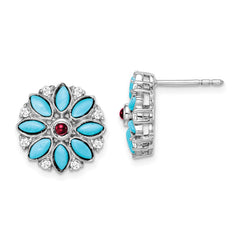 14k White Gold Turquoise/Creat. Ruby/Wht. Topaz Floral Earrings