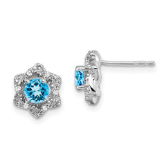 14k White Gold Blue Topaz and Diamond Post Earrings