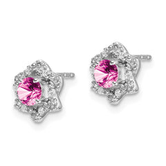 14k White Gold Created Pink Sapphire and Diamond Post Earrings