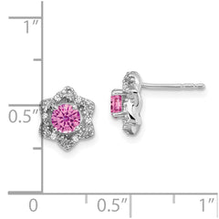 14k White Gold Created Pink Sapphire and Diamond Post Earrings