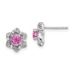 14k White Gold Created Pink Sapphire and Diamond Post Earrings