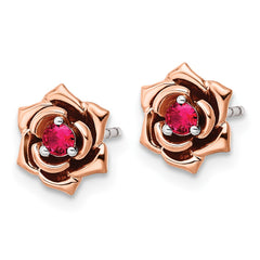 14K Two-tone White and Rose Gold Ruby Flower Post Earrings