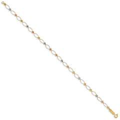 14K Tri-color Oval Link with Mirror Beads 7 inch Bracelet