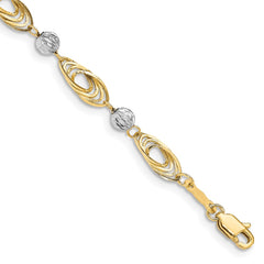 14K Two-tone Oval Links with Diamond-cut Beads 7.25 inch Bracelet