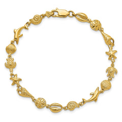 14K Polished and Textured Sea Life 7.25 inch Bracelet