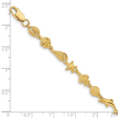14K Polished and Textured Sea Life 7.25 inch Bracelet