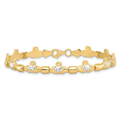 14K with White Rhodium Diamond-cut Claddagh Polished Link 7.25 inch Bracelet