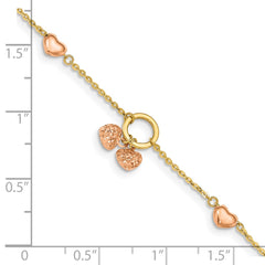 14k Two-tone Diamond-cut and Polished Hearts 7 inch Bracelet Plus 1 inch Heart Dangle Extender