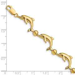14k Polished Dolphin and Bead 7.5 inch Bracelet