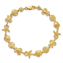 14K Polished Turtle/Sand Dollar/Shell/Starfish Link 7 inch Bracelet