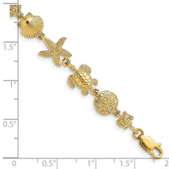 14K Polished Turtle/Sand Dollar/Shell/Starfish Link 7 inch Bracelet