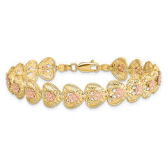 14k Two-tone Diamond-cut Hearts with Flowers 7.25 inch Bracelet
