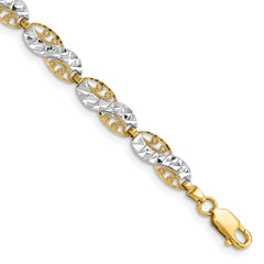 14K and White Rhodium Diamond-Cut Filigree Link 7.5 inch Bracelet