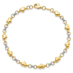 14K Two-tone Polished Puffed Hearts with Diamond-cut Beads 7.5 inch Bracelet