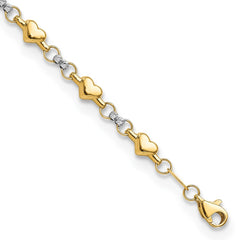 14K Two-tone Polished Puffed Hearts with Diamond-cut Beads 7.5 inch Bracelet