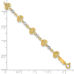 14K Two-tone Diamond-cut Hearts and Beads 7 inch Bracelet