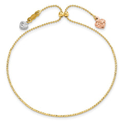 14K Tri-color Diamond-cut Heart Dangles Half Bangle Adjustable Bracelet