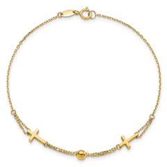 14K Polished Double Strand Cross and Bead 7.5 inch Bracelet