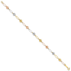 14K Tri-Color Polished Diamond-cut Beads and Oval Link 7 inch Bracelet
