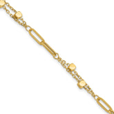 14K Polished Square Beads and Paperclip Link 7 inch Bracelet Plus 0.5 inch Extender