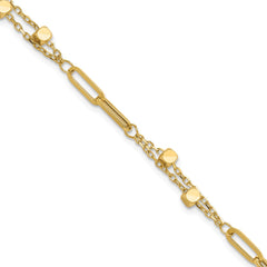 14K Polished Square Beads and Paperclip Link 7 inch Bracelet Plus 0.5 inch Extender