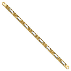 14k Two-tone High Polished 7.4mm Fancy Bar Link 8.5 inch Mens Bracelet