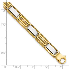 14k Two-tone High Polished 7.4mm Fancy Bar Link 8.5 inch Mens Bracelet
