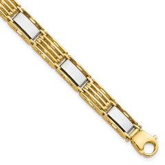 14k Two-tone High Polished 7.4mm Fancy Bar Link 8.5 inch Mens Bracelet
