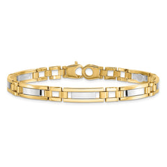 14k Two-tone Polished and Satin 6.3mm Fancy Bar Link 8.5 inch Mens Bracelet