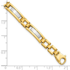 14k Two-tone Polished and Satin 6.3mm Fancy Bar Link 8.5 inch Mens Bracelet