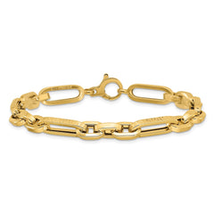 14K Polished and Textured 7.2mm Greek Key Design Figaro Cable Link 8 inch Bracelet