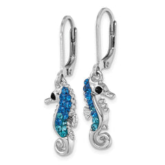 Sterling Silver Rhodium-plated Polished Blue Crystal Seahorse Dangle Earrings