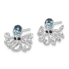 Sterling Silver Rhodium-plated Polished Blue and White Crystal Octopus Post Earrings