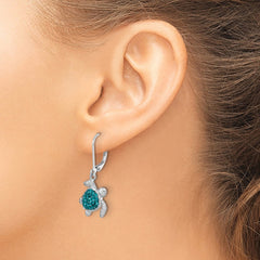 Sterling Silver Rhodium-plated Polished Blue Crystal Turtle Dangle Leverback Earrings