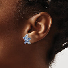 Sterling Silver Rhodium-plated Polished Blue Crystal Starfish Post Earrings