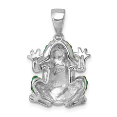 Sterling Silver Rhodium-plated Polished Green and White Crystal Frog Pendant