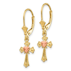 14K Two-tone Heart on Cross Leverback Earrings
