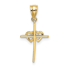 14K Polished Double Hearts On Stick Cross Charm